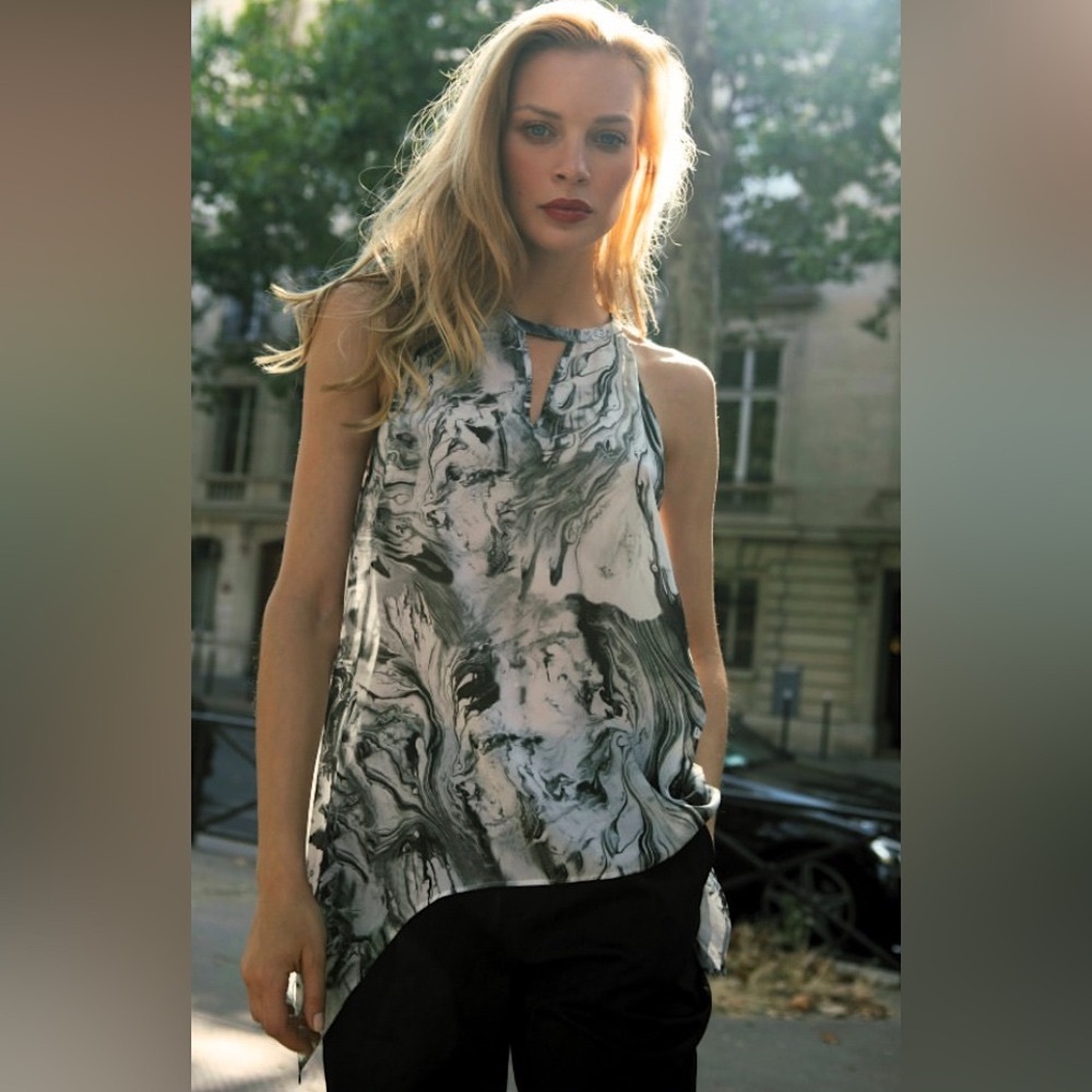 VERTIGO PARIS COLLECTION MARBLED BLACK & WHITE ASYMMETRICAL SILK TANK MEDIUM